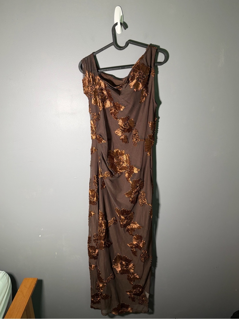 Fehaute Deep Brown Jacquard  Off The Shoulder Sleeveless Bodycon Dress Size 10 - Picture 2 of 5